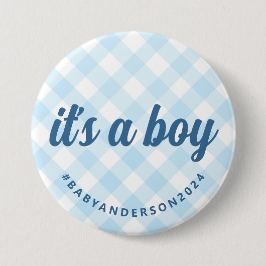 Boy Gingham Baby Shower 缶バッジ (正面)
