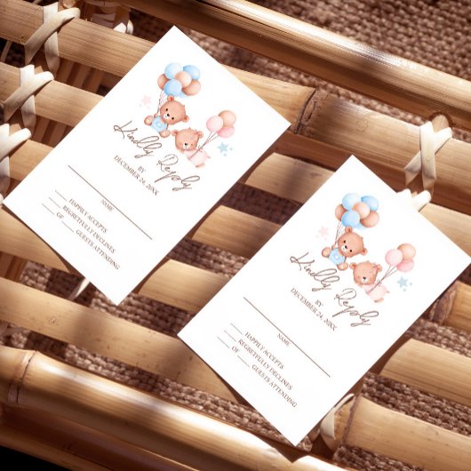 Boy Girl Twins Teddy Bear Baby Shower RSVPカード 招待状