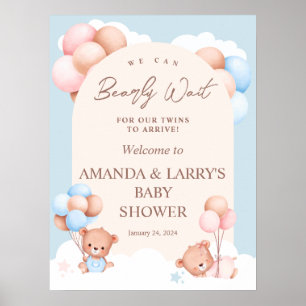 Boy Girl Twins Teddy Bear Baby Shower Welcome ポスター