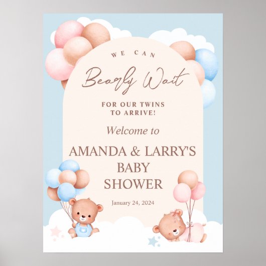 Boy Girl Twins Teddy Bear Baby Shower Welcome ポスター (正面)
