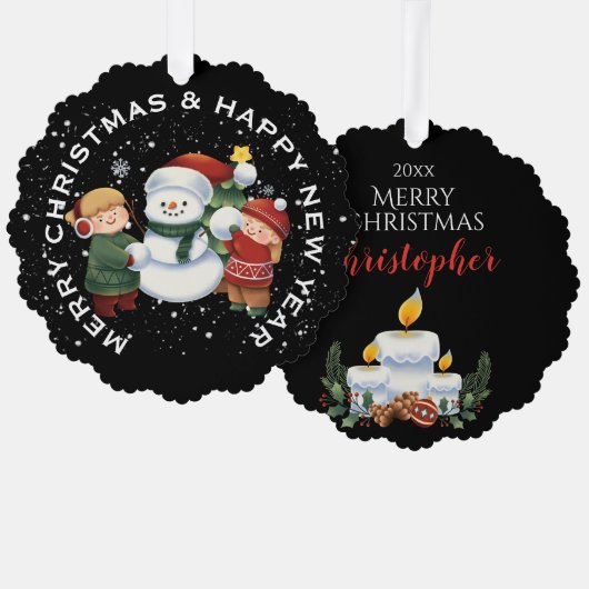 BOY & GIRL with雪だるま, パーソナライズされた CHRISTMAS オーナメントカード (正面/裏面)