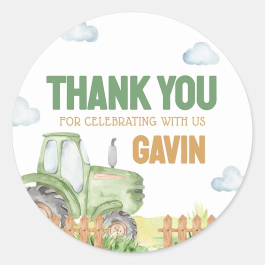 Boy Green Tractor Birthday Party  ラウンドシール (正面)