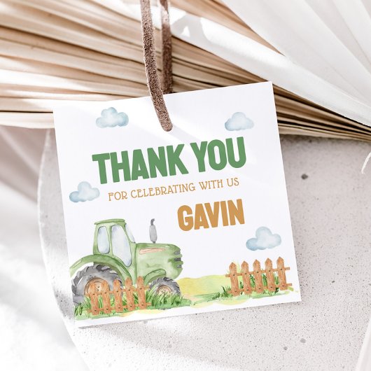 Boy Green Tractor Birthday Party Square フェイバータグ
