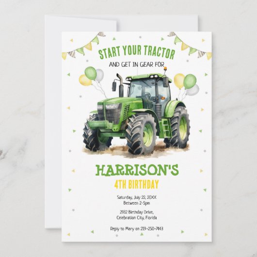 Boy Green Tractor Farm Birthday Party Invitation 招待状 (正面)