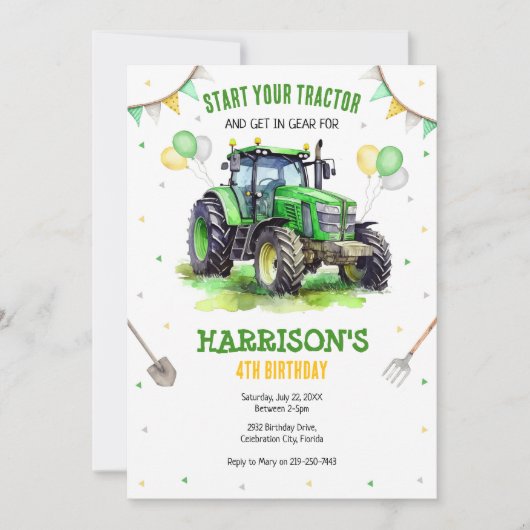 Boy Green Tractor Farm Birthday Party Invitation 招待状 (正面)