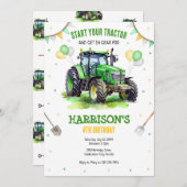 Boy Green Tractor Farm Birthday Party Invitation 招待状 (正面/裏面)