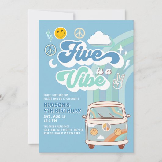 Boy Groovy Van Rainbow FiveはVibe 5誕生日 招待状 (正面)