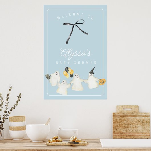 Boy Halloween Ghost and Black Bow Baby Shower ポスター (キッチン)