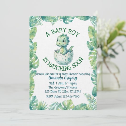 Boy Hatching Soon, Green Dino Baby Shower 招待状 (スタンド正面)