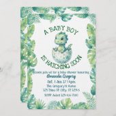 Boy Hatching Soon, Green Dino Baby Shower 招待状 (正面/裏面)
