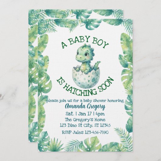 Boy Hatching Soon, Green Dino Baby Shower 招待状 (正面/裏面)