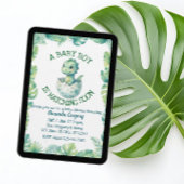 Boy Hatching Soon, Green Dino Baby Shower 招待状