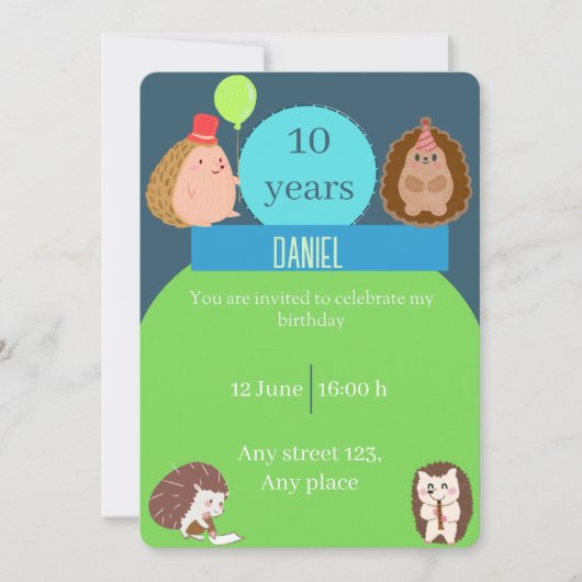 Boy Hedgehog Birthday Party Invitation 招待状 (正面)