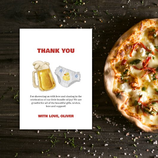 Boy Huggies Chuggies Beer Diaper Baby Shower サンキューカード