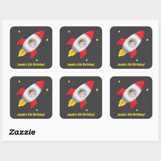 Boy in Rocket Ship宇宙誕生日パーティスティッカー スクエアシール (シート)