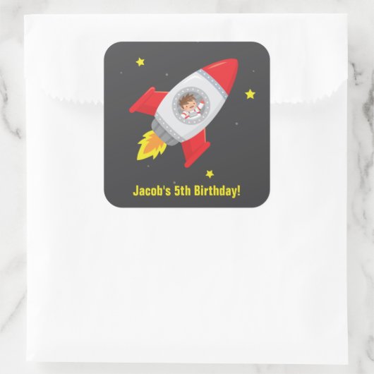 Boy in Rocket Ship宇宙誕生日パーティスティッカー スクエアシール (バッグ)