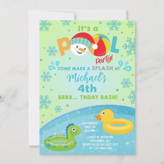 Boy indoor winter pool party birthday invitation. 招待状 (正面)