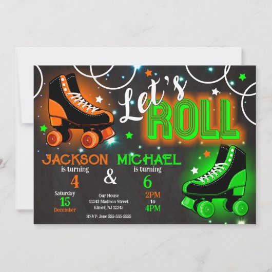 Boy Joint Roller Skating Birthday Party Neon Glow 招待状 (正面)