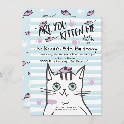 Boy Kitty Cat誕生日パーティーへの招待 招待状 (正面/裏面)