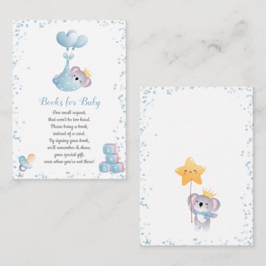 Boy Koalaが赤ちゃんシャワー用の青い本を持つ エンクロージャーカード (正面/裏面)