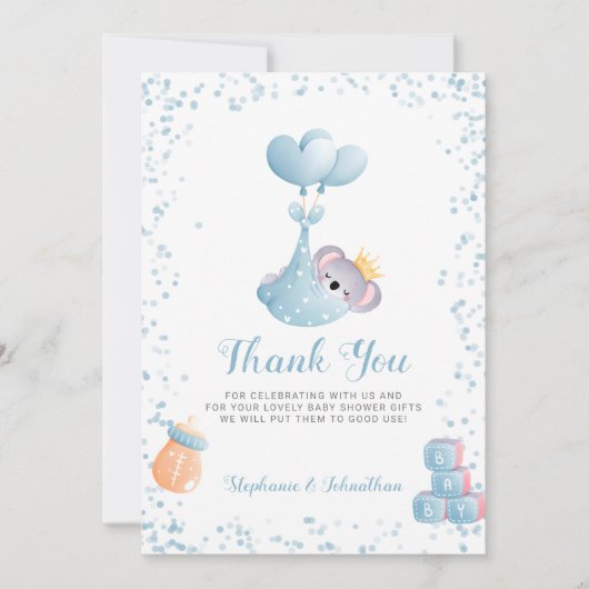 Boy Koala Bear Blue Thank You Baby Shower Card サンキューカード (正面)