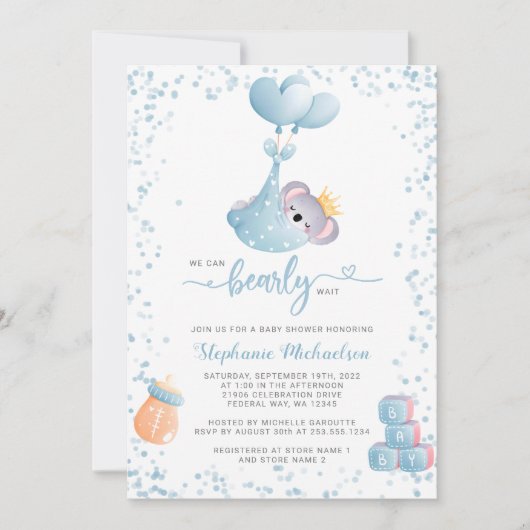 Boy Koala Bearly Wait Book Request Baby Shower 招待状 (正面)