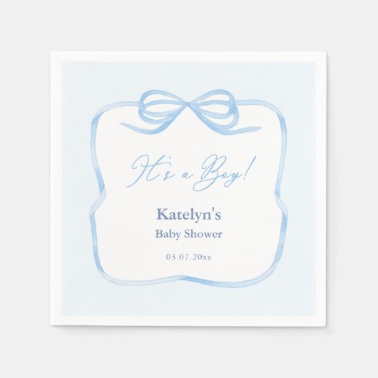 Boy Light Blue Bow Baby Showerのパーティー スタンダードカクテルナプキン (正面)