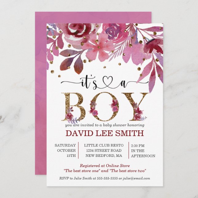 Boy Lilaと金ゴールド紙吹雪Boy Baby Shower (正面/裏面)