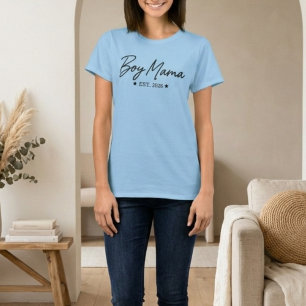 Boy Mama スクリプト設立年ミニマルマザーフッドフレーズ Tシャツ