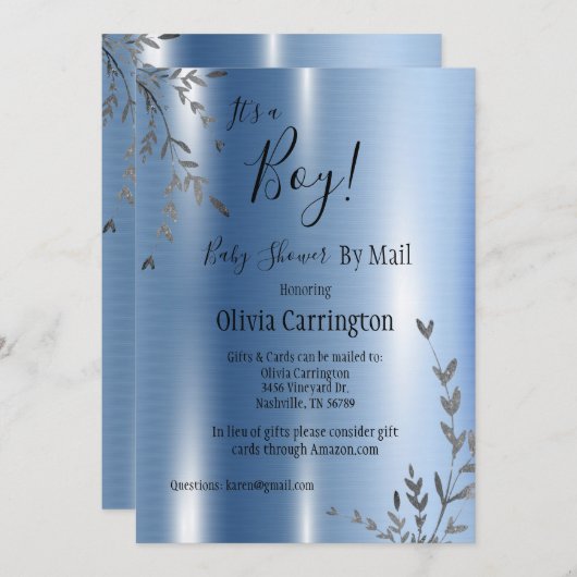 Boy Metallic Baby Shower By Mail 招待状 (正面/裏面)