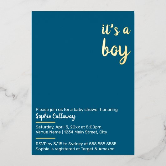 Boy Minimalist Baby Shower 箔招待状 (正面)