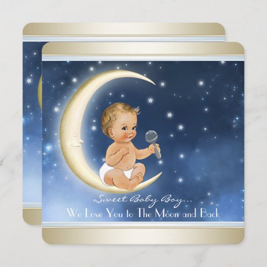 Boy MoonとBack Baby Shower 招待状 (正面/裏面)