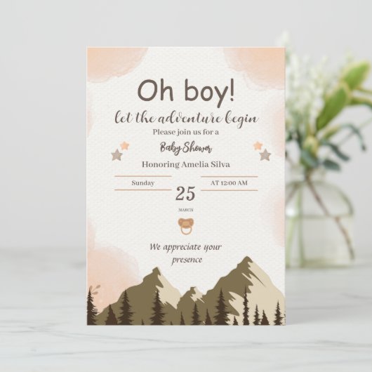 Boy Mountain Forest Boy Baby Shower 招待状 (スタンド正面)