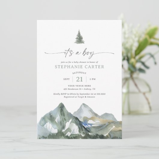 Boy Mountain Forest Boy Baby Shower 招待状 (スタンド正面)