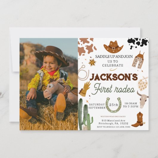 Boy My First Rodeoフォトカウボーイ1st Birthday 招待状 (正面)
