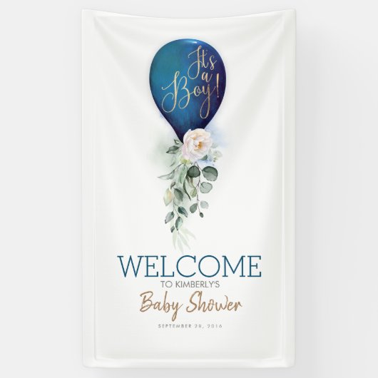 Boy Navy Blue Balloon Baby Showerへようこそ 横断幕 (縦)