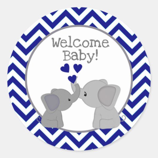Boy Navy Elephant Baby Shower Stickers Chev 366-01 ラウンドシール (正面)