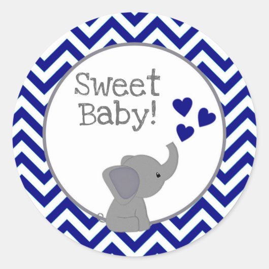 Boy Navy Elephant Baby Shower Stickers Chev 366-02 ラウンドシール (正面)