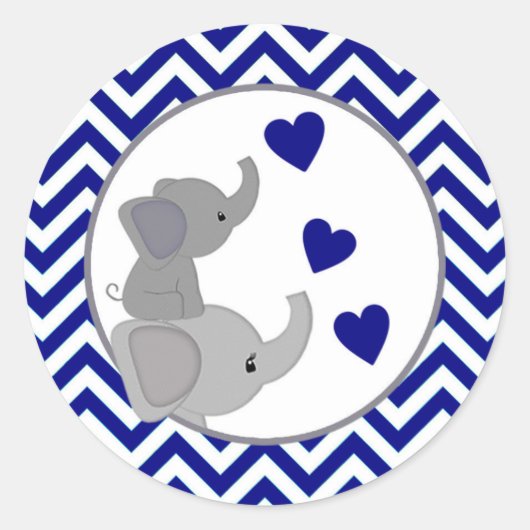 Boy Navy Elephant Baby Shower Stickers Chev 366-03 ラウンドシール (正面)
