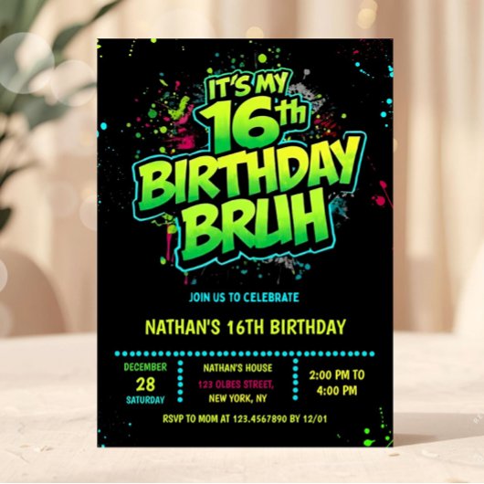 Boy Neon 16th Birthday Invitation Graffiti Style 招待状
