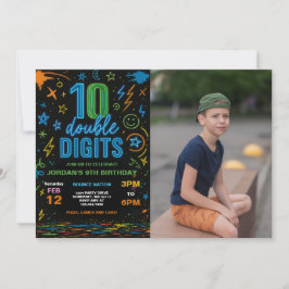 Boy Neon Double Digits 10th Birthday Partyの写真 招待状