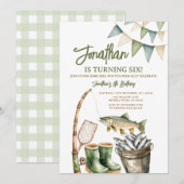 Boy O-Fish-Ally Birthday Sage Green Gingham Party 招待状 (正面/裏面)