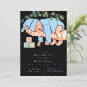 Boy on 生まれたばかりの Mommy Arms Blue Baby Shower 招待状 (スタンド正面)