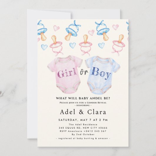 Boy or Girl | 性別お披露目ベビーシャワー 招待状 (正面)