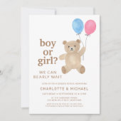 Boy Or Girl Teddy Bear Balloons Gender Reveal 招待状 (正面)