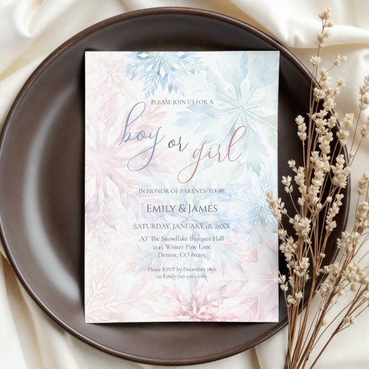 Boy or Girl Winter Pink Blue Snowflake 招待状