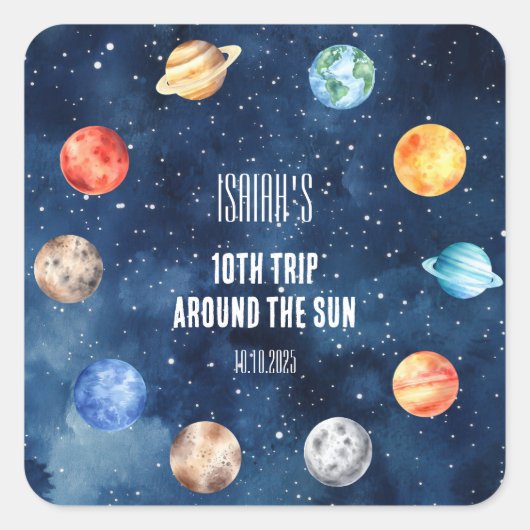 Boy Outer Space 10th Trip Around the Sun Birthday スクエアシール (正面)