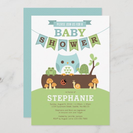 Boy Owl on Log with Friendsベビーシャワー招待状 招待状 (正面/裏面)