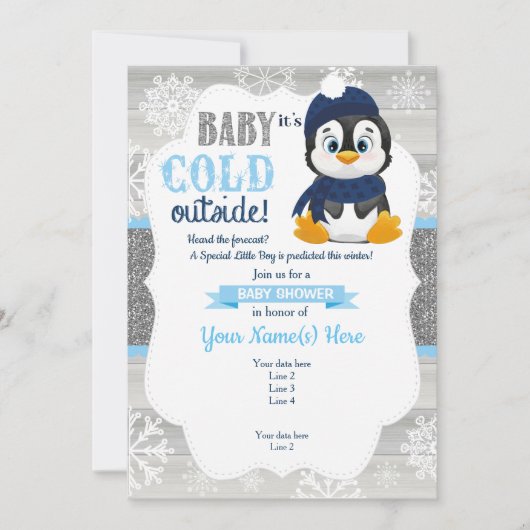 Boy Penguin冬招待状for Boy Baby Shower 招待状 (正面)