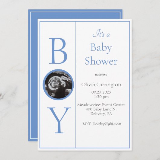 Boy Photo Blue Baby Shower招待状 招待状 (正面/裏面)